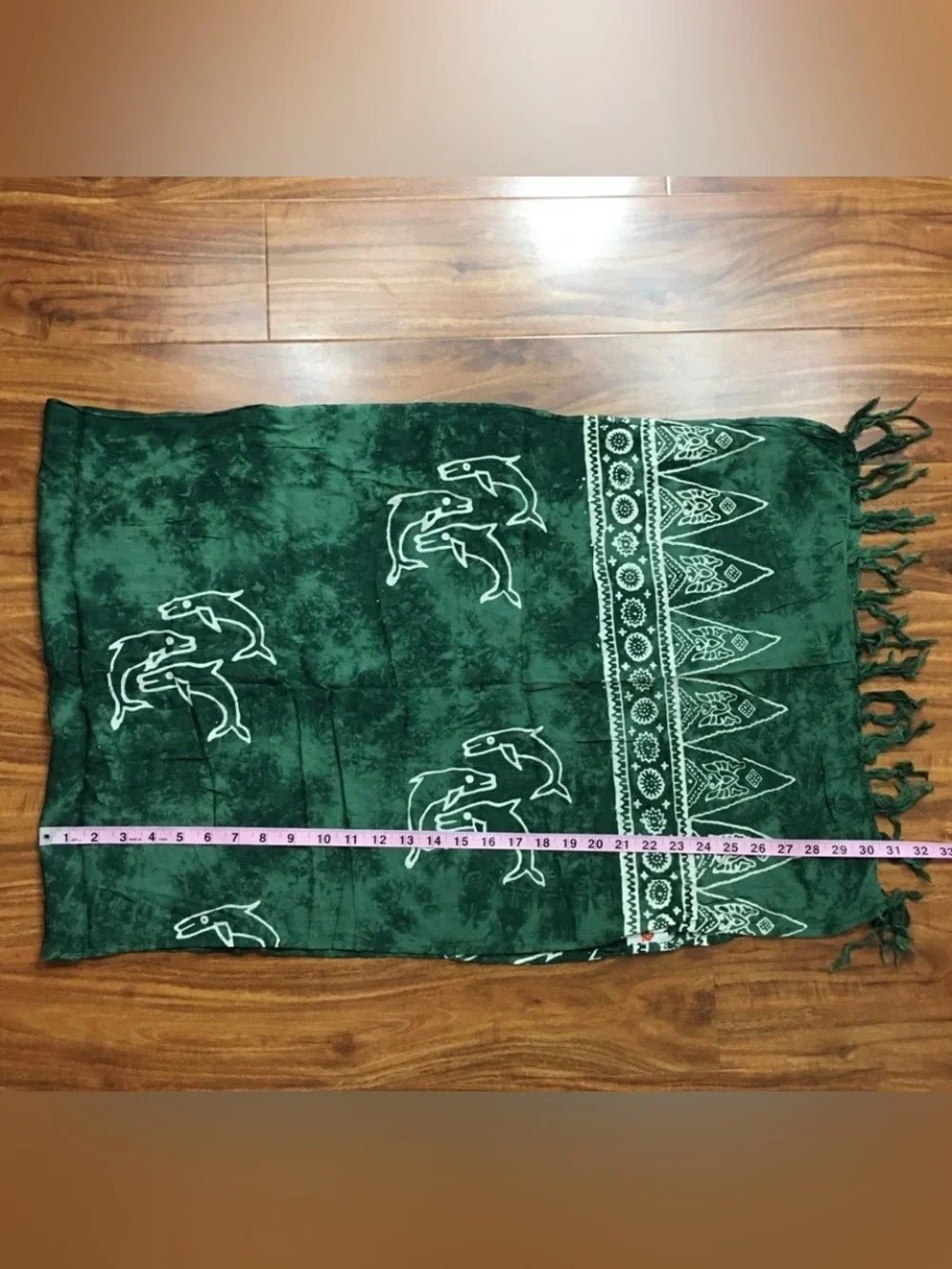 ISLA Girl Hawaii Green Tie Dye Dolphin Tribal Print Fringe Edge Long Scarf Boho